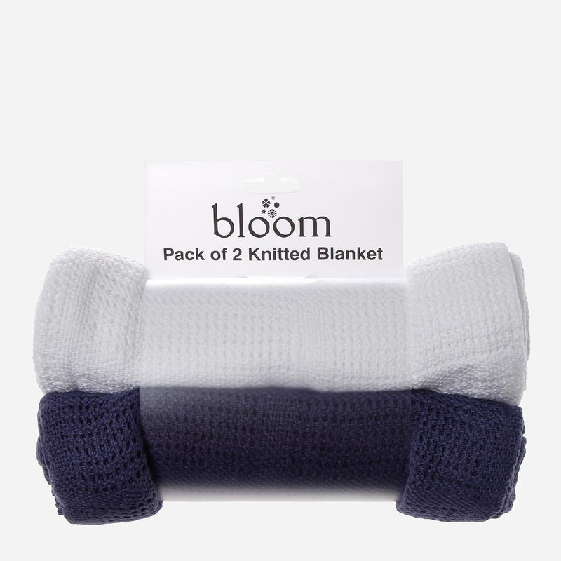 Bloom 2-piece Knitted Blanket Set 35 x 35in. _ Navy Blue and White