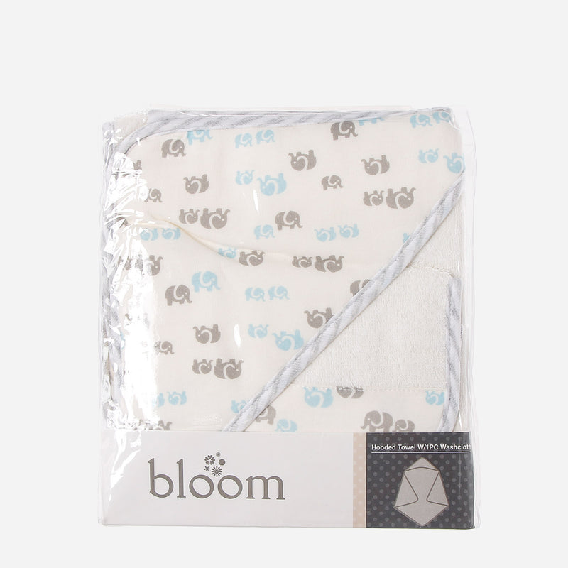 Bloom Blue Elephants Hooded Towel and Washcloth Set