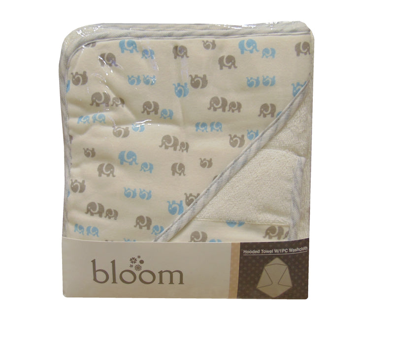 Bloom Blue Elephants Hooded Towel and Washcloth Set